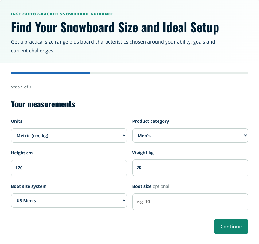Snowboard size calculator form